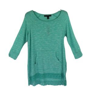 French Laundry Tunic Top Crochet Lace Kangaroo Pocket 3/4 Sleeve Pullover Medium
